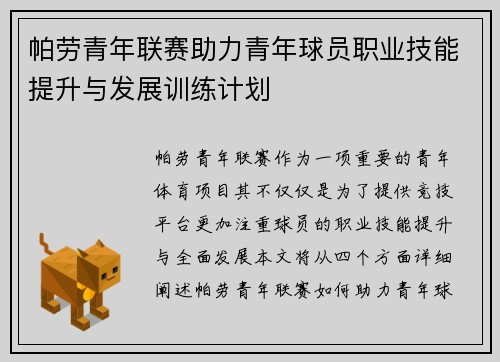 帕劳青年联赛助力青年球员职业技能提升与发展训练计划