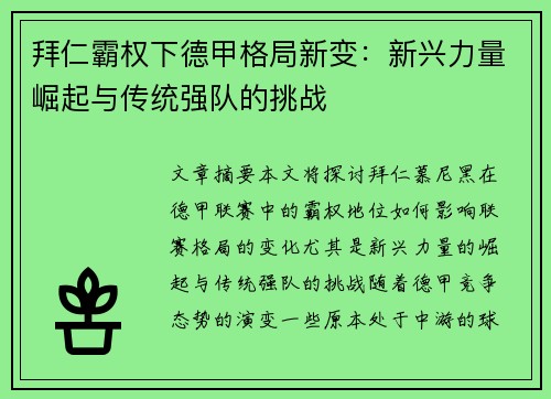 拜仁霸权下德甲格局新变：新兴力量崛起与传统强队的挑战