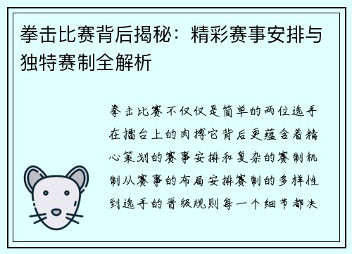 拳击比赛背后揭秘：精彩赛事安排与独特赛制全解析
